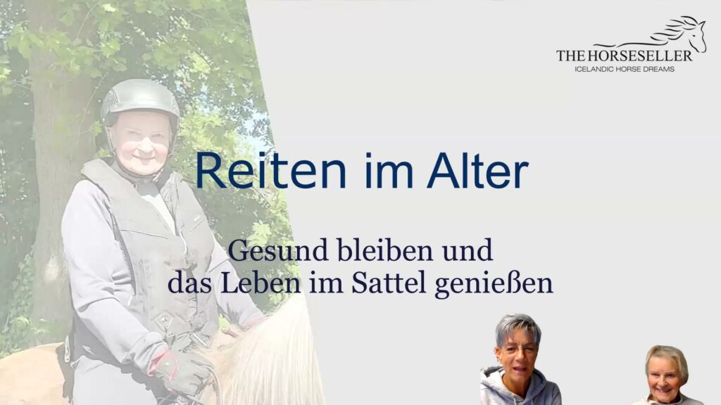 Das Bild zeigt eine Präsentation mit dem Titel „Reiten im Alter“, die sich auf das Thema „Gesund bleiben und das Leben im Sattel genießen“ konzentriert. Es scheint um die Förderung der Gesundheit und des Wohlbefindens von älteren Reitern zu gehen. Das Bild enthält auch Bilder von älteren Reitern in Reitausrüstung, was eine positive Darstellung des Reitens im höheren Alter unterstützt. In der Ecke ist das Logo von "The HorseSeller" zu sehen, was darauf hinweist, dass die Präsentation im Zusammenhang mit Ihrem Unternehmen steht.